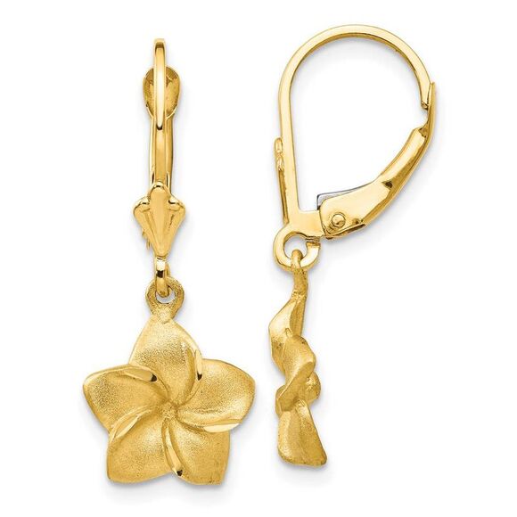 11mm Satin and Diamond Cut Plumeria Dangle Earrings in 14k Yellow Gold - Picture 1 of 5